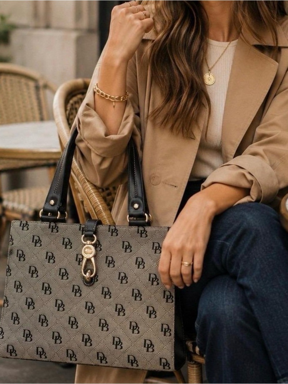 Dooney & Bourke Taupe Monogram Tote with Black Trim